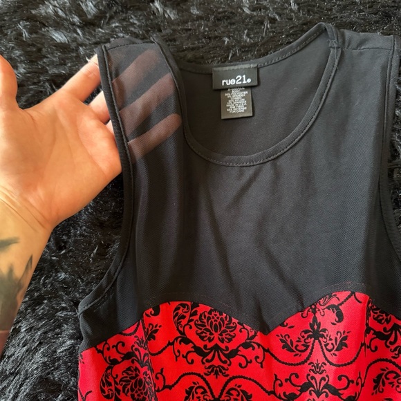 Rue 21 Whimsigoth Red and Black Damask Printed Skater Dress - Picture 6 of 7